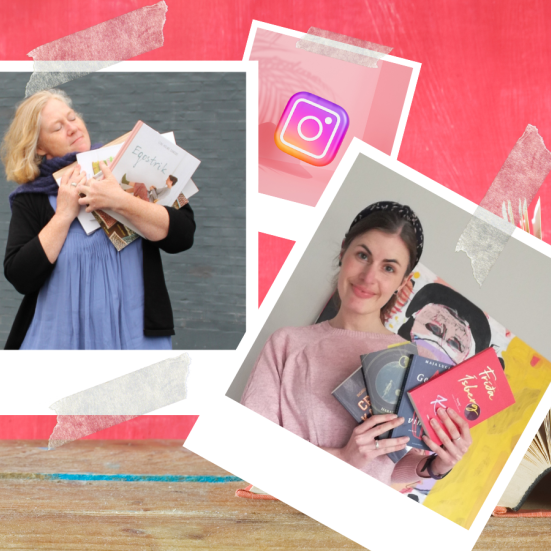 Grafik af bibliotekets boganmeldere i scrapbogstil