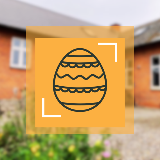 Billede der viser piktogram af æg og et foto af en biblioteksfilial, for at illustrere påskens åbningstider