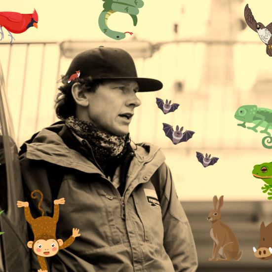 Naturvejleder Emil Sanderhoff set i silhouet sammen med  tegnede dyr