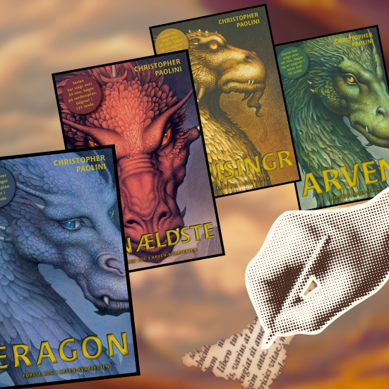 Kollage af bøgerne i Arven-serien af Christopher Paolini.