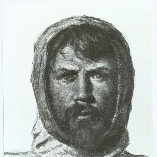 Portræt af Ludvig Mylius-Erichsen af Achton Friis: Gammeldags stregtegning med høj detaljegrad.