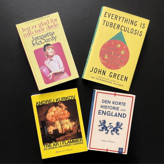 Billede af 4 bøger på gult bord. 