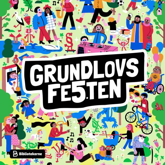 Logo af "Grundlovsfesten", og baggrundstegning af folk der fester på en græsplæne. 