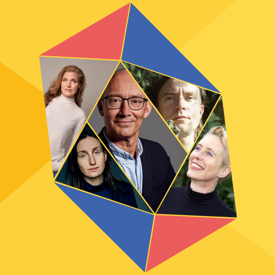 Grafisk mosaik, der viser de forfattere og kunstnere der er aktuelle i de nævnte arrangementer. 