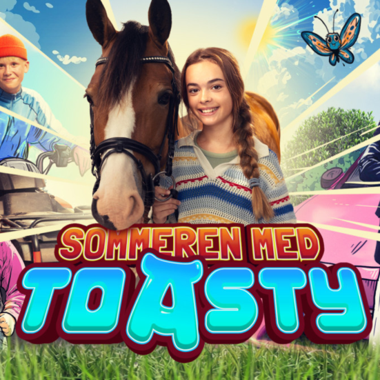 Filmbillede med sommer i bagggrunden, børn og hest