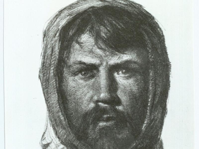 Portræt af Ludvig Mylius-Erichsen af Achton Friis: Gammeldags stregtegning med høj detaljegrad.