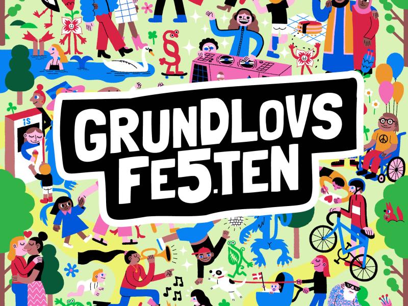 Logo af "Grundlovsfesten", og baggrundstegning af folk der fester på en græsplæne. 