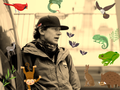Naturvejleder Emil Sanderhoff set i silhouet sammen med  tegnede dyr