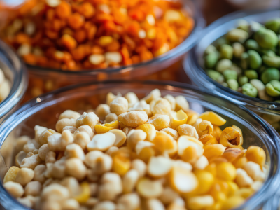 Foto af forskellige slags bælgfrugter der ligger i skåle. 