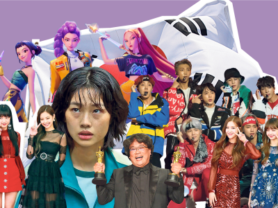 Dekorativt billede med masser af K-pop ikoner klippet sammen.