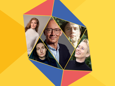 Grafisk mosaik, der viser de forfattere og kunstnere der er aktuelle i de nævnte arrangementer. 