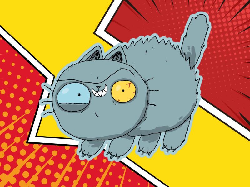 Illustration af den fjollede grå kat Møgmis med forskelligfarvede øjne.