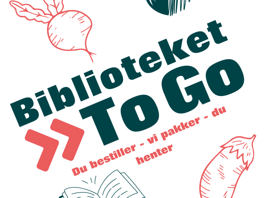 Illustrativt billede med teksten "Bibliotteket to go", med nogle grafiske elementer der illustrerer hvad man kan låne gennem tilbuddet. 