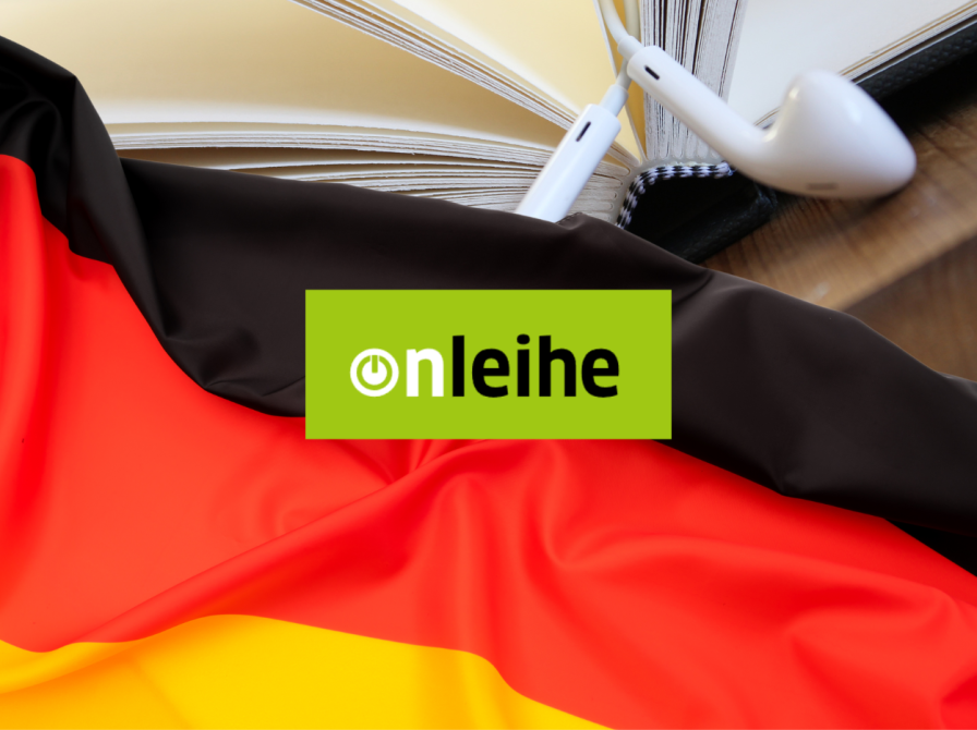 Collage af tysklands flag, øretelefoner og en opslået bog. I midten er Onleihe-logoet, hvidt på sort baggrund. 