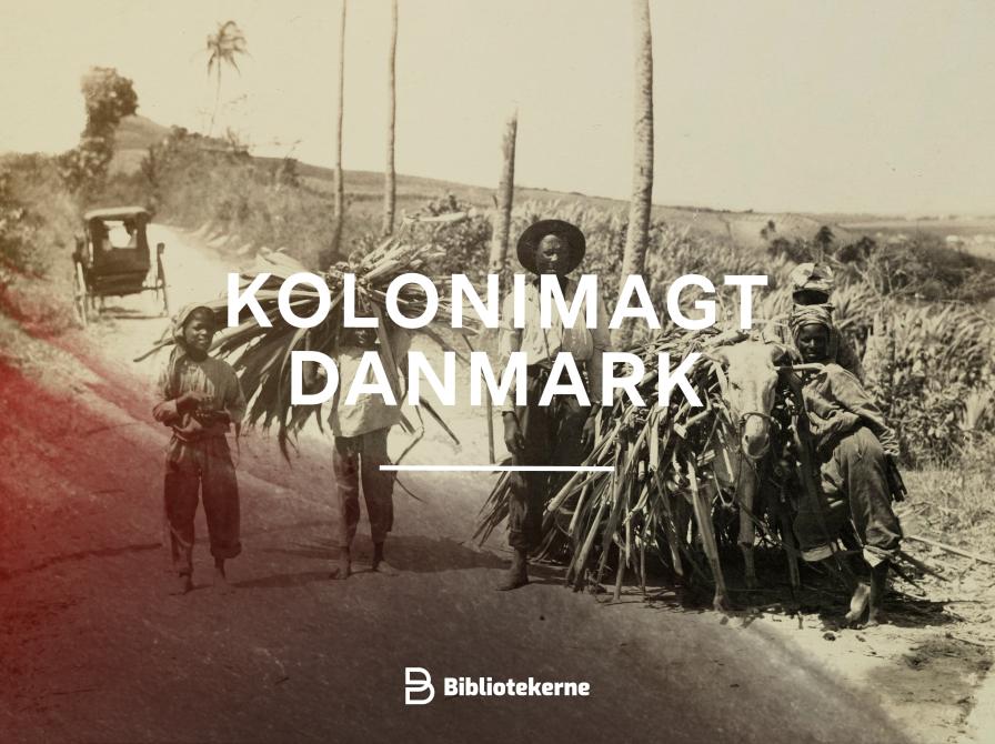 Gammelt foto fra vestindisk plantage, af arbejdende familie. Teksten "Kolonimagt Danmark" i midten. 