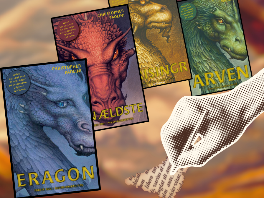 Kollage af bøgerne i Arven-serien af Christopher Paolini.