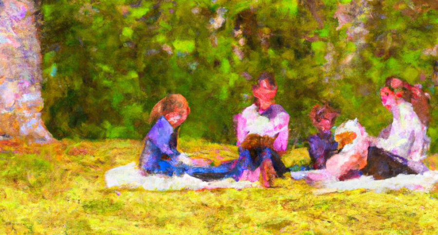 Dekorativt billede af en gruppe læsende unge.