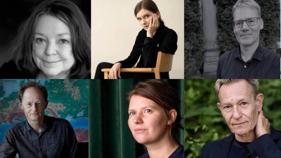 Portrætter af de 6 nominerede forfattere til DR Romanprisen, delt op i 6 kvadrater.